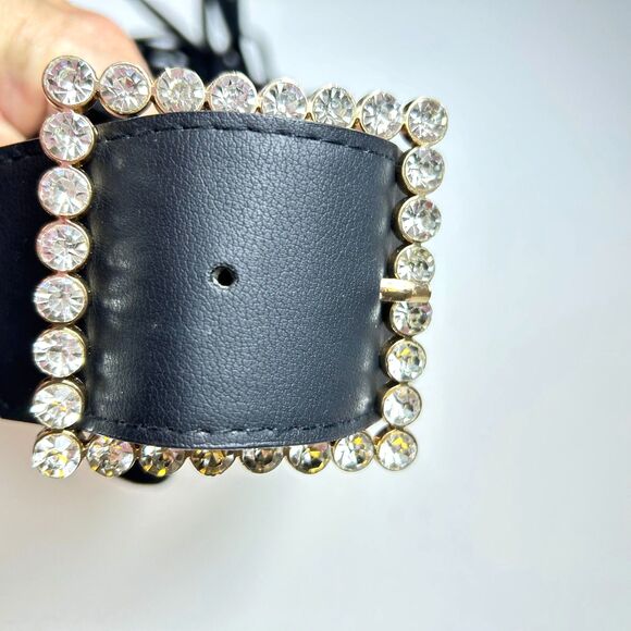 NWOT Black Fringe Clear Jeweled Buckle Elastic and Faux Leather Belt - Picture 4 of 12